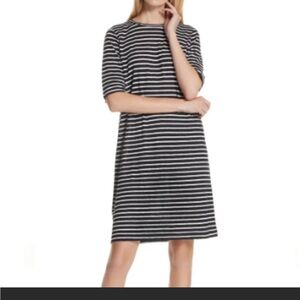 EILEEN FISHER striped ORGANIC LINEN knit shift dress black white Small relaxed